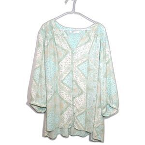 ROSE+OLIVE Faux Button Front Printed Blouse - Mint Green/Brown/Cream 3X